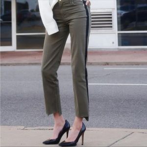 FRAME Women’s Le High Straight Raw Staggered Hem Jeans in Army Green Tux Stripe
